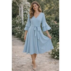 Dress Tells Bell Sleeve Midi Fit Flare Women XL Blue Spring Pastel Minimalist
